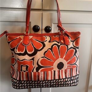 Coach Authentic Poppy Orange/Red/Black floral Satchel/Tote Purse Bag